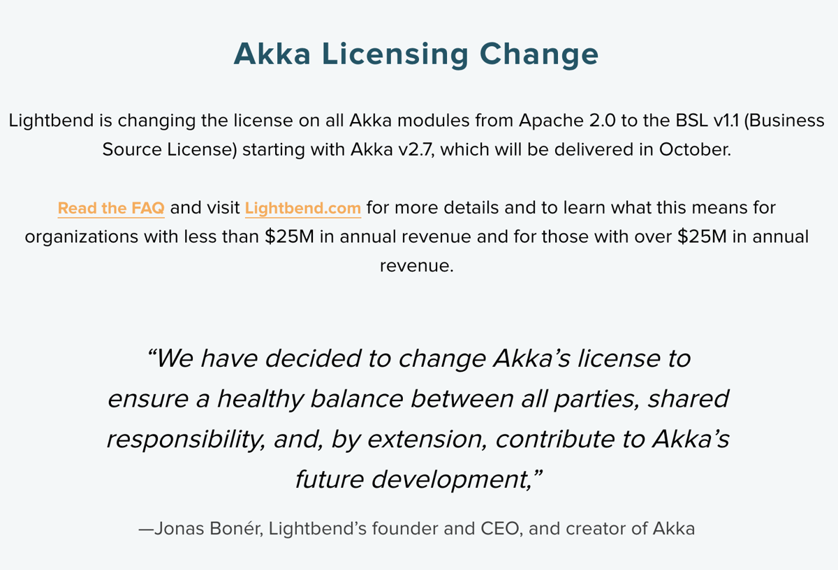 Lightbend’s announcement that Akka’s license changes from Apache 2.0 to BSL v1.1 starting with Akka 2.7