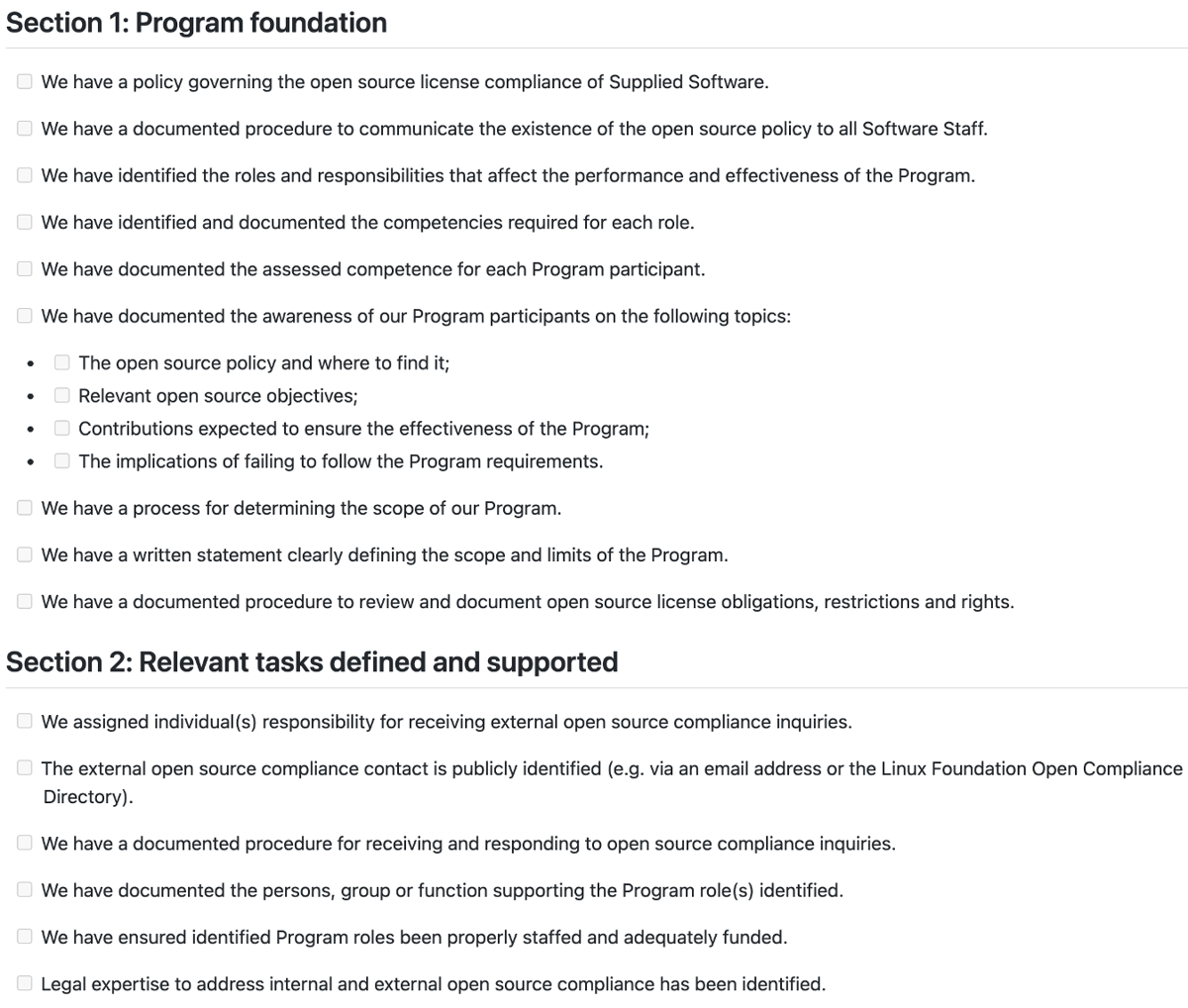 Slide explaining the OpenChain Self-Certification checklist