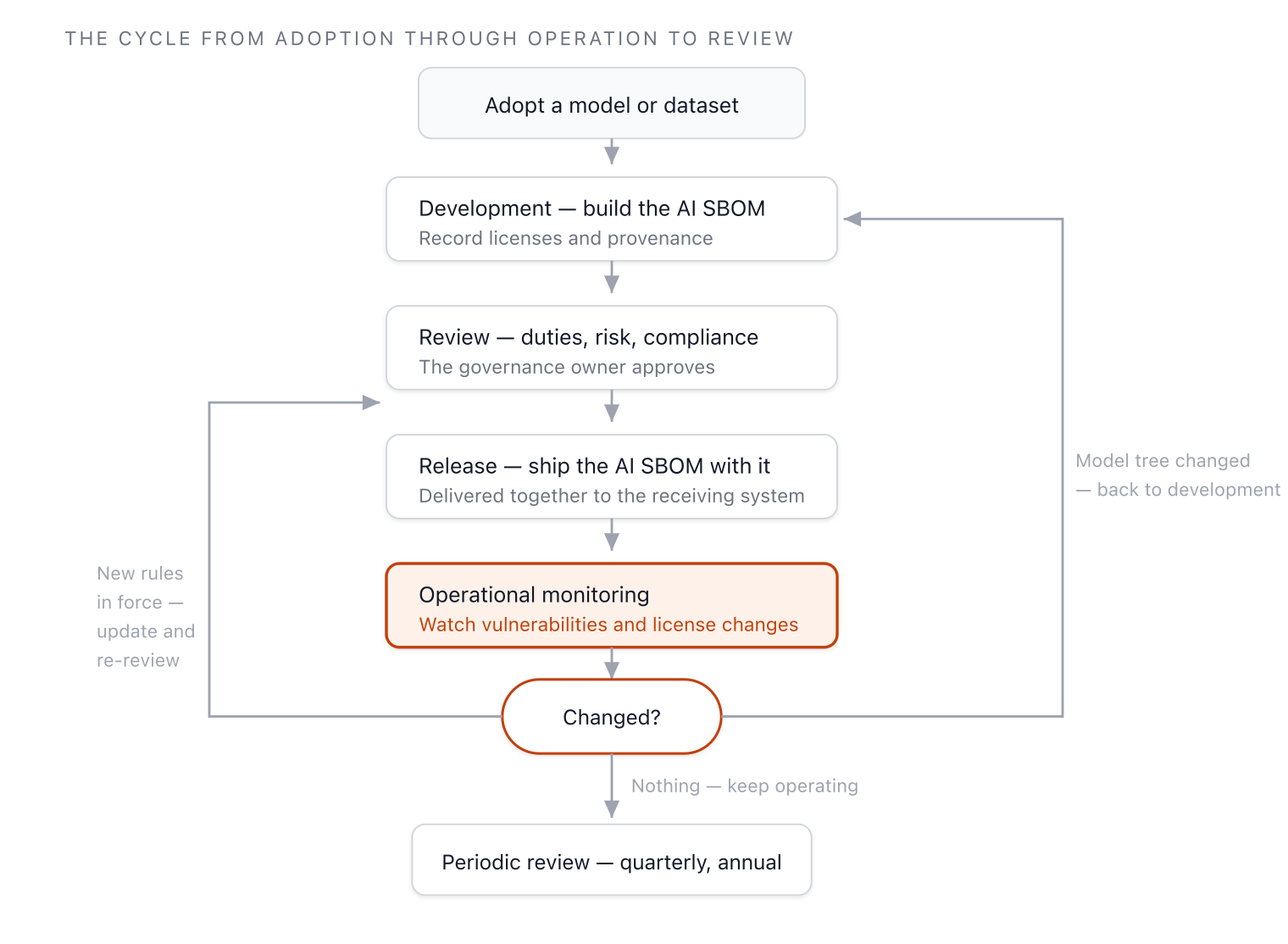 Governance cycle that runs from model intake through development, review, deployment, and
operational monitoring, looping back to development or review depending on the type of change