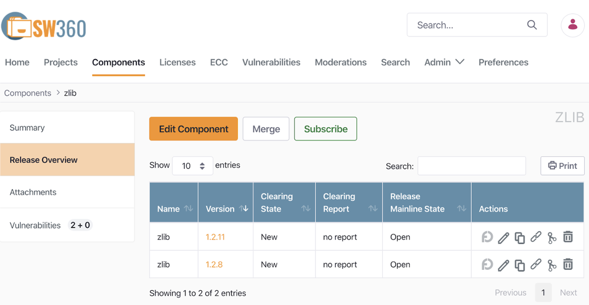 SW360 tool screen showing clearing state and vulnerability status for each release of the zlib component