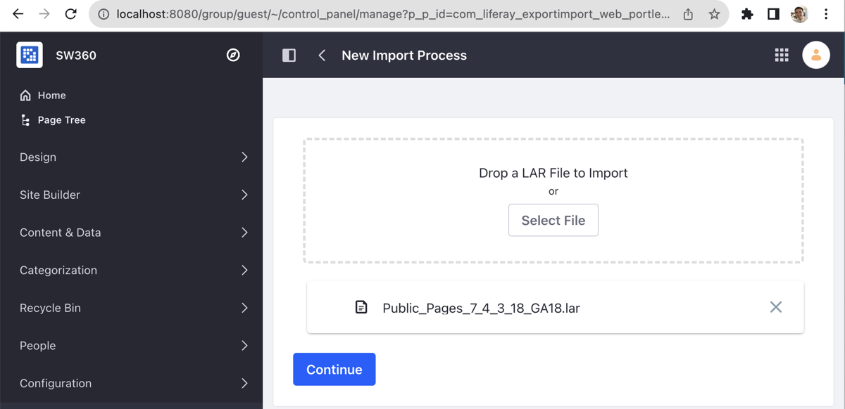 Uploading the Public_Pages LAR file and clicking Continue