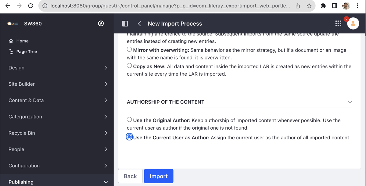 Setting AUTHORSHIP OF THE CONTENT to Use the Current User as Author and clicking Import