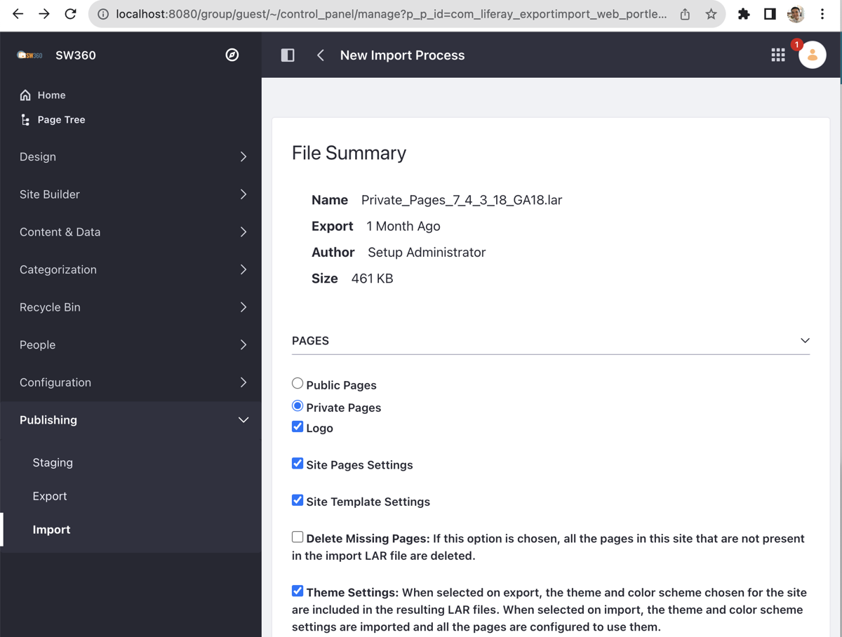 Changing PAGES to Private Pages in the File Summary for the Private_Pages LAR file