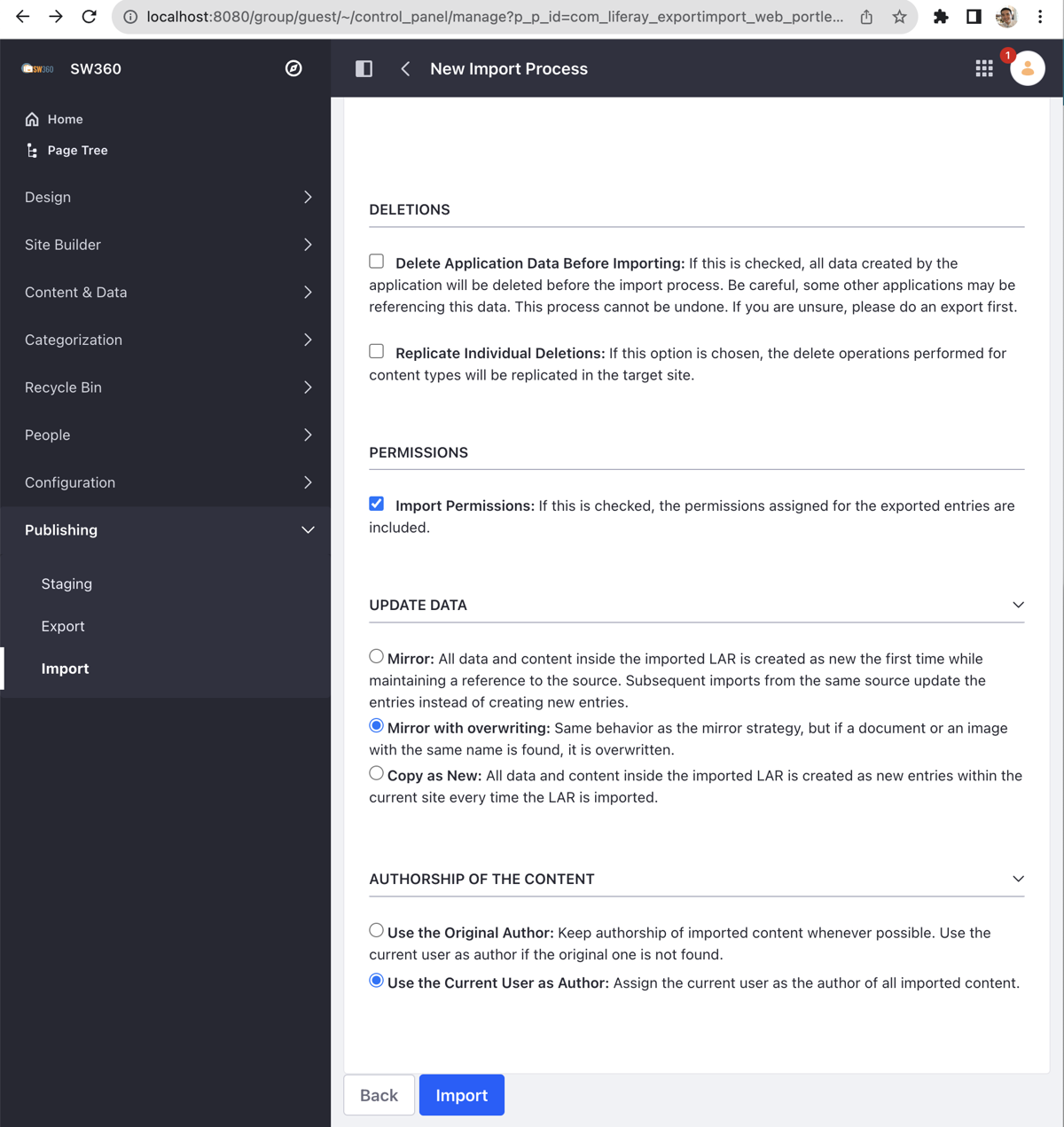 Setting the PERMISSIONS, UPDATE DATA, and AUTHORSHIP OF THE CONTENT options before running Import