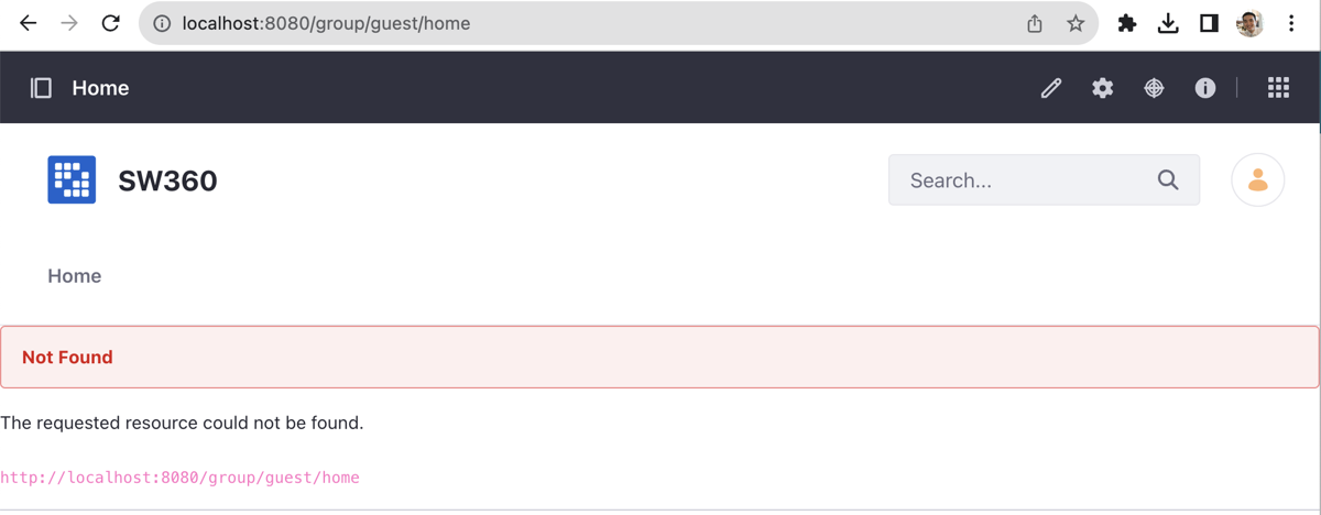 Not Found screen shown right after logging in with the setup account