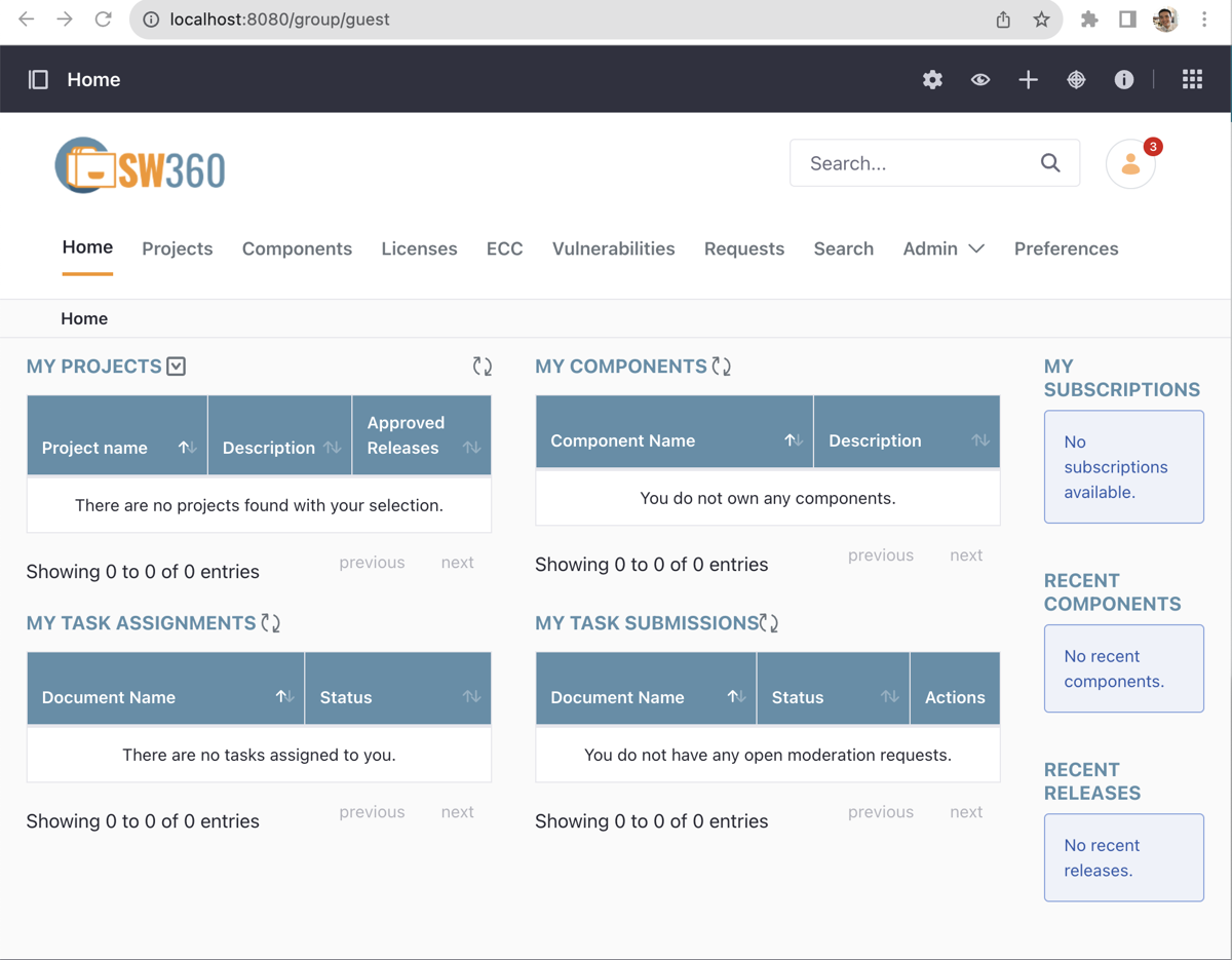 SW360’s initial screen with all items empty, reached by clicking Start