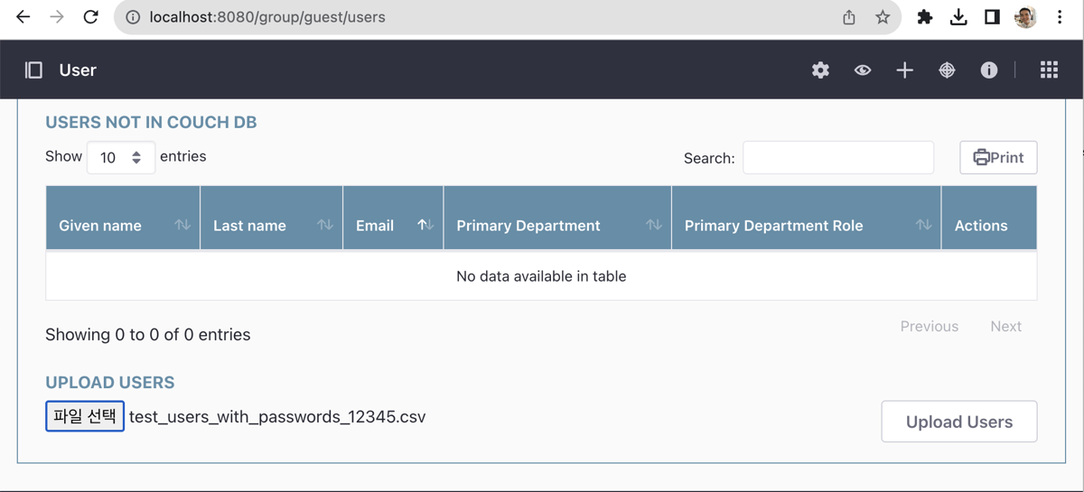 Uploading a test user list CSV file via the UPLOAD USERS menu