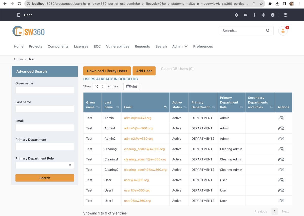 Screen showing 9 test users successfully uploaded