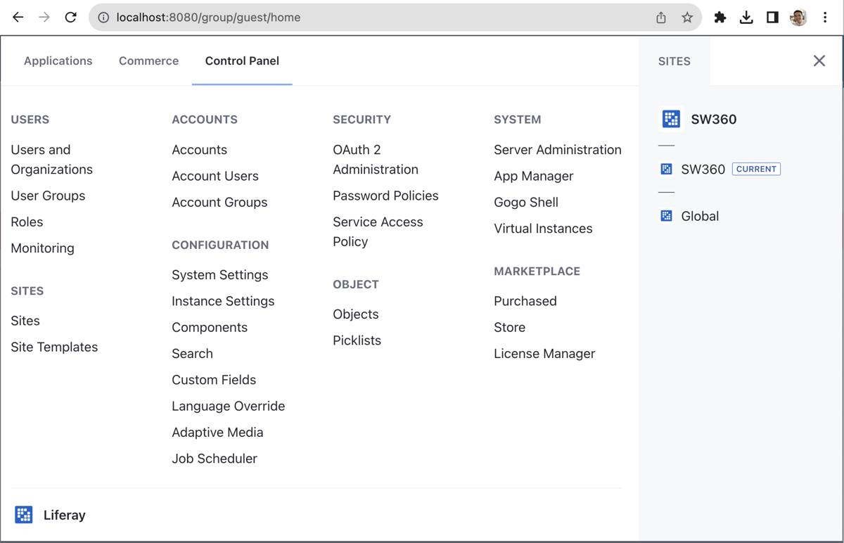 Clicking the item icon at the top right and selecting the Control Panel tab