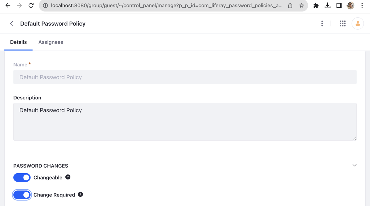 Enabling Change Required under Control Panel’s SECURITY > Password Policies