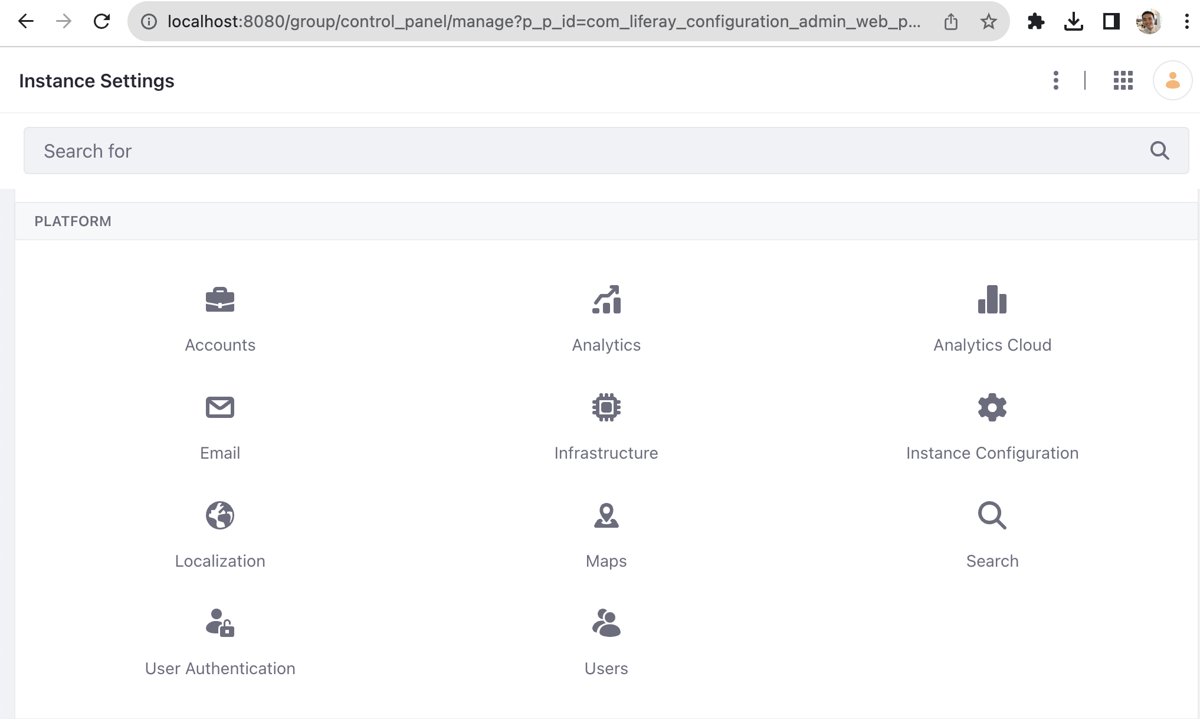 Control Panel’s CONFIGURATION > Instance Settings showing the PLATFORM menu