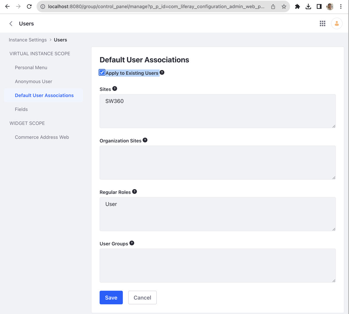 Checking Apply to Existing Users under Instance Settings > Users > Default User Associations