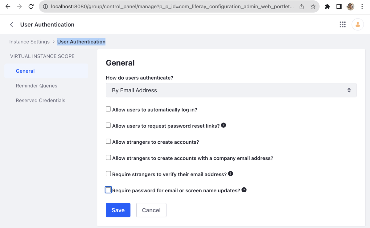 Unchecking all items under Instance Settings > User Authentication > General