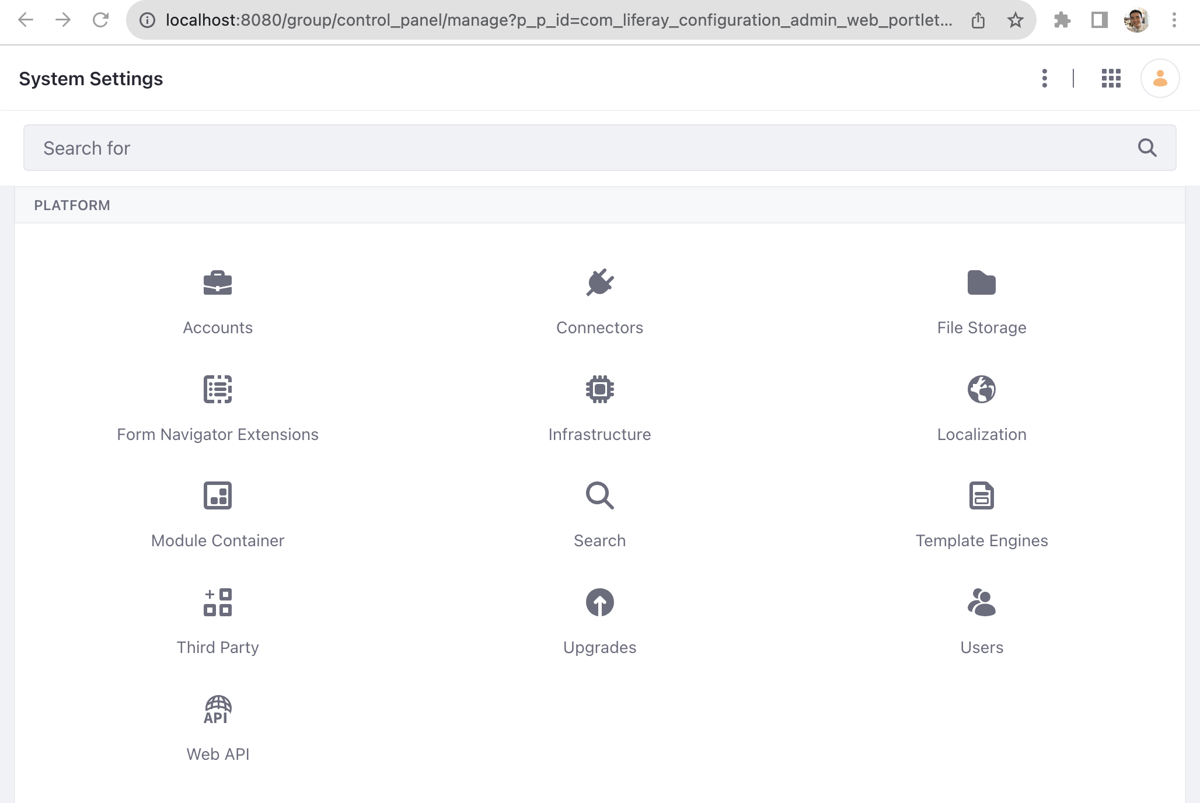 Control Panel’s CONFIGURATION > System Settings showing the Third Party menu under PLATFORM