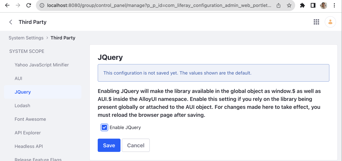 Enabling JQuery in the Third Party menu