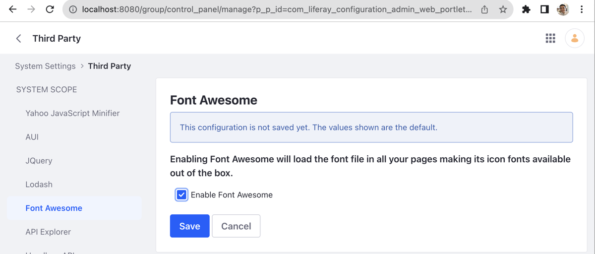 Enabling Font Awesome in the Third Party menu