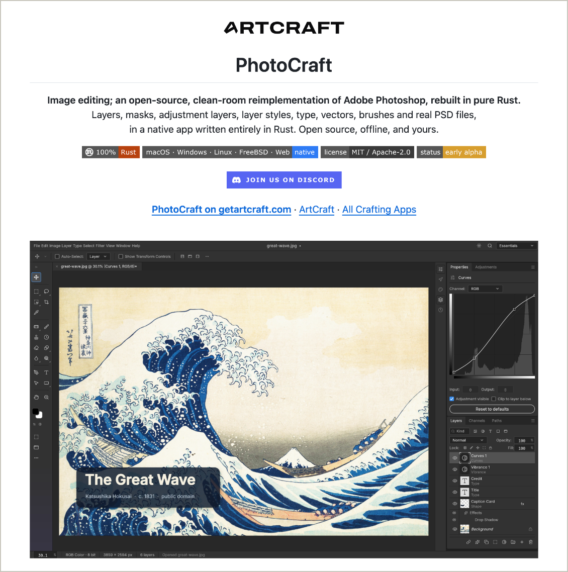 PhotoCraft 저장소 README 상단의 클린룸 재구현 문구와 앱 화면